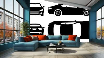 Sports car silhouette on white background. Vehicle icons set view from side, front, back, and top Wall mural