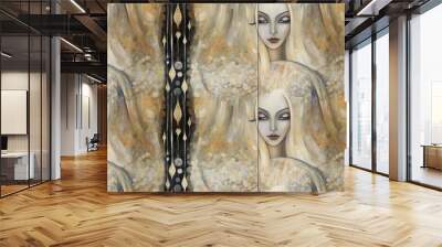 seamless texture, Abstract portrait of a burlesque woman with long white hair. A chandelier on the ceiling can be seen in the background. Uses painting techniques such as climbing on canvas. Wall mural