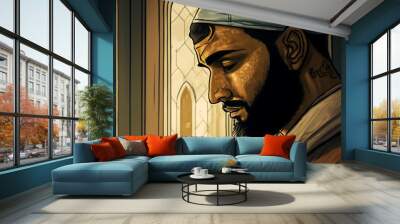 The portrait depicts a Muslim man performing his daily prayer at home. It is an expressive and cultural work of art. The work may be used for personal or targeted purposes. Wall mural