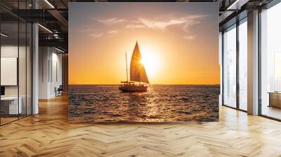 Sailing yacht in the ocean at sunset Wall mural