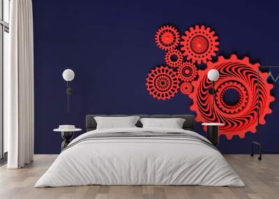 3d rendering. Composition of red gears symbolizing cooperation and teamwork. Cogwheels for websites or business design banners. Place for text. Red gears on dark blue background Wall mural