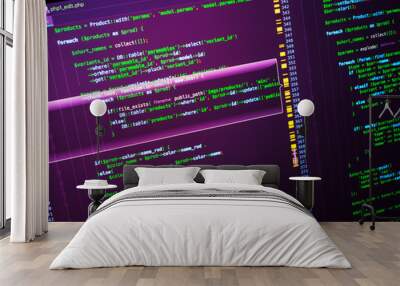 Lines of php code on the monitor on pink background, close up Wall mural