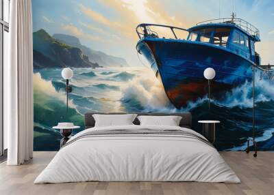 an old blue boat sails on the waves Wall mural