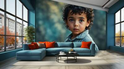 portrait of a boy 8 years old in a denim shirt with dark curly hair Wall mural