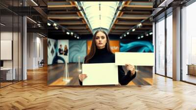 young girl at a presentation in a pavilion with two blank sheets of paper in her hands Wall mural