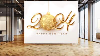 2024 golden numbers with gold glitter ball on white background. Happy new year and merry christmas banner. Wall mural