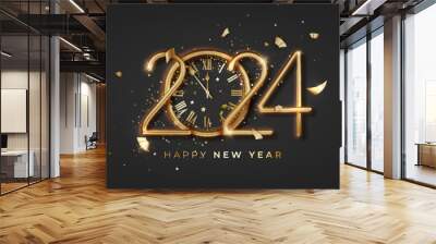 2024 New Year luxury shiny gold numbers, modern design, and a golden 2024 countdown with realistic clock and glitter sparkles Wall mural