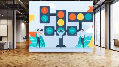 A confused man is faced with a choice. Many business rules. Traffic light. Various traffic lights show the way. Concept of rule, permission, prohibition, restriction. Flat vector illustration Wall mural