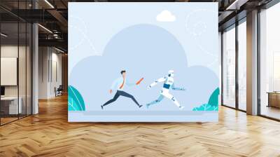 A man passing a relay baton to a robot. Cooperation between a robot and a person. Artificial intelligence. Running businessman passes a baton to robot humanoid relay race. Vector illustration Wall mural