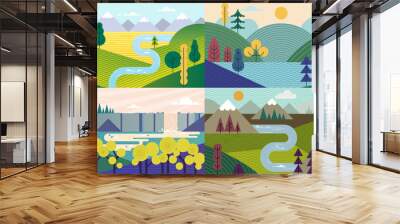 Abstract landscape vector set. Banners set with polygonal mountains landscape illustrations. Minimalistic style. Simple flat design. Hiking. Travel concept of discovering, exploring, observing nature. Wall mural