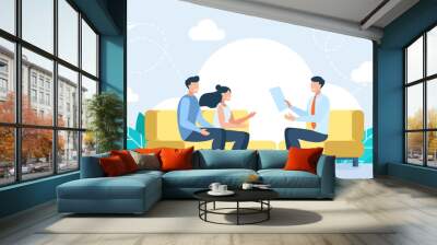 Agent speaking with young couple. Offering the best mortgage deal. Consultation. Mortgage broker consulting couple, good deal financially, real estate business, brokerage company. Vector illustration Wall mural