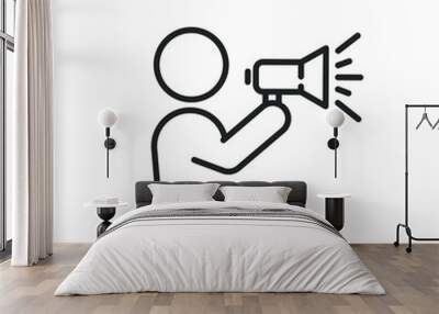 announce in loudspeaker, icon, public advocacy through megaphone, speaker man with news, loud voice warning, thin line symbol on white background - editable stroke vector eps10 Wall mural