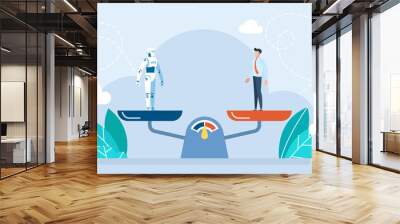 Balance scales human vs robot. Competition concept artificial intelligence digital technology. Robot standing on the scale and equal to businessman. Artificial intelligence robot. Flat illustration Wall mural