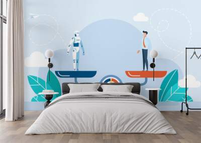 Balance scales human vs robot. Competition concept artificial intelligence digital technology. Robot standing on the scale and equal to businessman. Artificial intelligence robot. Vector illustration Wall mural