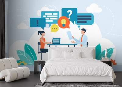 Business vector flat illustration. Discussion concept. Talk conversation, speaking dialogue, communication person. Social information sharing with language, text, speech, discussion illustration. Wall mural