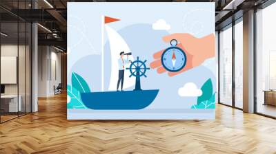 Businessman in a business suit looks in a telescope standing on a ship. Moving to success in business. An experienced mentor shows the direction on the compass. Curatorship. Vector flat illustration Wall mural