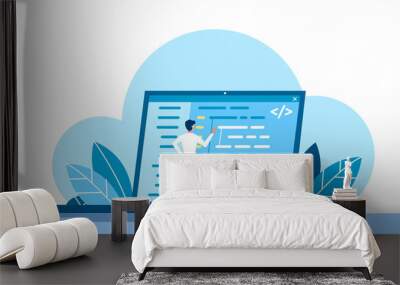 Concept of script coding and programming. JavaScript, PHP, Python, HTML, other languages. Programmer working on web development on the laptop. Software developers. Flat modern cartoon illustration. Wall mural