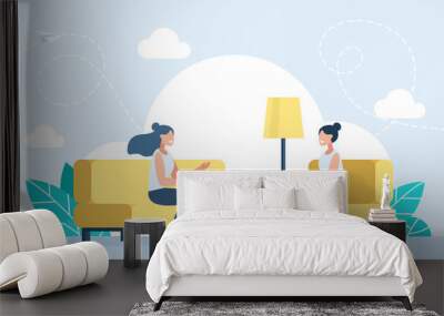 Dialog and communication between people. Couple of girlfriends talking. Female friends sitting on comfy sofa. Happy smiling women chatting and relaxing on couch together at home. Flat illustration Wall mural