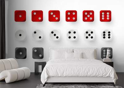 Dice game with red white and black cubes. Realistic gambling objects to play in casino, dice from one to six dots. Vector Wall mural