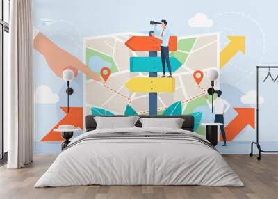 Direction sign post with arrow set on the background of the map. Choice signpost to choose road or street, blank signboard. Tiny people are looking for a way. Sign board. Flat illustration Wall mural