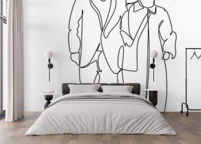 Elderly couple in continuous line art drawing style. Senior man and woman walking together holding hands. Minimalist black linear sketch isolated on white background. Vector illustration
 Wall mural