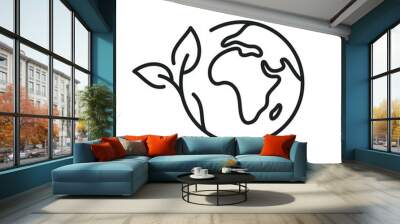 green earth planet concept, icon, world ecology, nature global protect, logo eco environment, globe with leafs, thin line simple web symbol on white background Wall mural