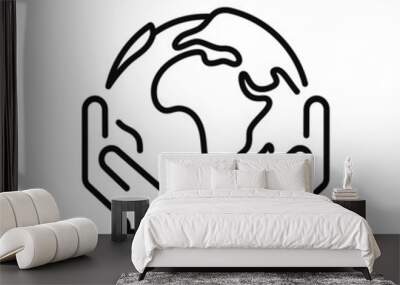 hands holding earth planet icon, world save, globe conservation, community global support, thin line symbol on white background - editable stroke vector illustration Wall mural