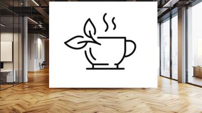 hot green or black tea, preparation aroma drink icon, herbal leaf, cup with steam, mug, thin line we Wall mural