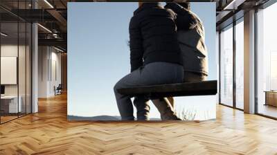 Young couple from behind is sitting above mountains view and looking away Wall mural