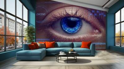 Artificial intelligence scans information. High technologies in the future. The future of digital vision technologies, security and biometrics. Implant in the human eye. Concept of hi tech Wall mural