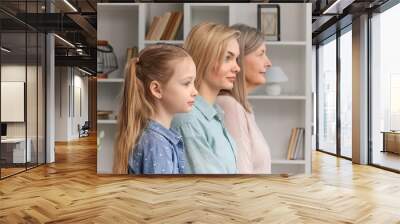 Cute little girl posing indoors with young mother and senior grandmother, side profile view, closeup portrait. Lifespan, next generation, offspring and heredity. For Mothers Day. Wall mural