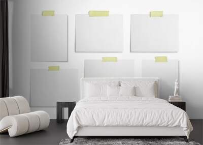 Moodboard template composition with blank photo cards, torn paper, polaroid frame glued with yellow adhesive tape and isolated on white for easy editing. Wall mural