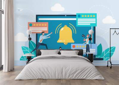 Notification bell on laptop screen. Messages for incoming inbox. Computer online chat notices. Desktop pc with chatting bubble notifications, messaging, online communication. Vector illustration Wall mural