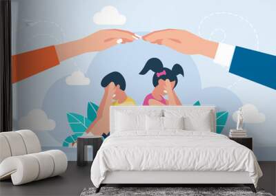 Parents protect their children from danger. The concept of family importance. Little boy and girl sitting on the floor and crying. Parents take care of the kids. Child protection. Flat illustration Wall mural