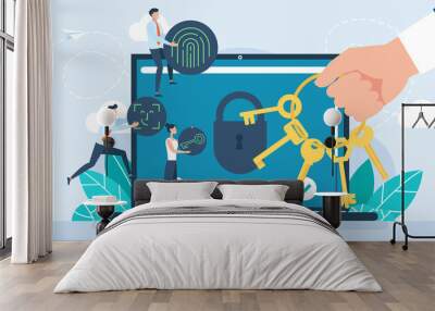 PC security concept. Secure connection, privacy and protection. Traffic Encryption, VPN. Bunch of keys to open the padlock and get access to hack privacy, activities and user data. Illustration Wall mural