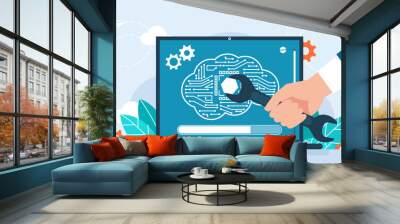 Programmer with laptop. AI. Brain with neural network. Artificial intelligence. Brain with digital circuit. Programer hand with wrench fixing a nut. Coding symbols. PC Settings. Vector illustration Wall mural