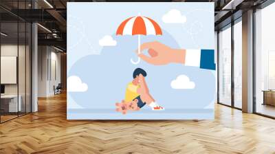 Protect children from danger. Child protection concept. Little boy sitting on the floor and crying. Child care. The umbrella protects the child from the storm. Flat design. Vector illustration. Wall mural