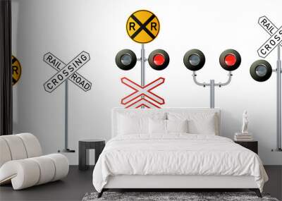 Railway signs set isolated on a white background. Vector railroad traffic light Wall mural