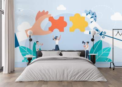 Robot and Businessman Hand holding puzzle. Human and a robot hands holding puzzle pieces. Development and innovation in technology. Partnership with AI concept. Flat style. Vector illustration Wall mural