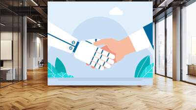 Robot and man. Businessman and robot handshake. Business human and robot hands shake. Artificial intelligence handshake concept. Concept future business technology. Flat design. Vector illustration Wall mural