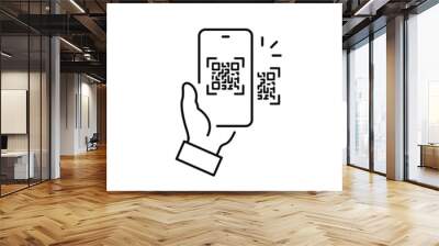 scan qr code icon, payment hand with phone, scanner app, thin line symbol on white background - editable stroke vector eps10 Wall mural