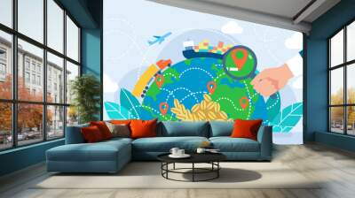 Searching for ways to transport grain. The concept of harvest, export, import. Planet earth and transport. Global logistics network, logistic import export and transport. Flat vector illustration Wall mural