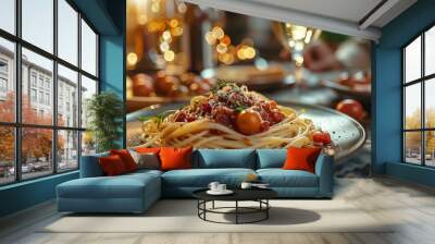 Autumn or fall season. A family enjoying spaghetti with red sauce and white wine at home, close-up of hands holding pasta, plates on the table, dinner scene, warm lighting, natural colors Wall mural