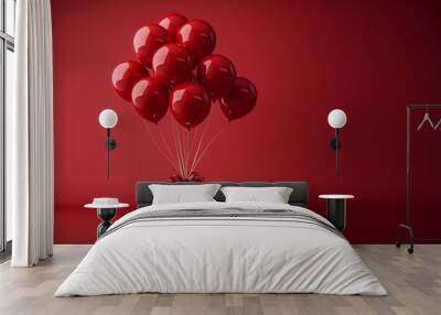 Happy birthday. gift box floating in air, holding red balloons, on fully red background. white square-shaped gift-wrapped present sits at its base. It is minimalistic image with a clean aesthetic Wall mural