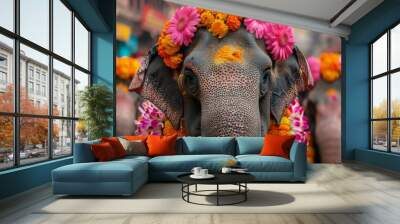 Happy Holi , Concept Indian color festival. Elephants decorated with flowers. Holi celebration in a lively city Wall mural