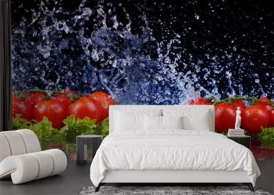 Salad, tomato and with water drop splash Wall mural