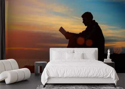 silhouette of a man sitting on breakwater in evening near sea, r Wall mural