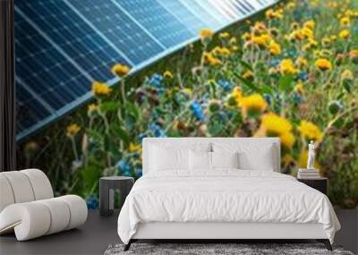 solar panels in field at photovoltaic power station, depicting green energy. Wall mural