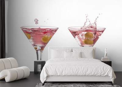 two pink cocktail with olives on a white splash Wall mural