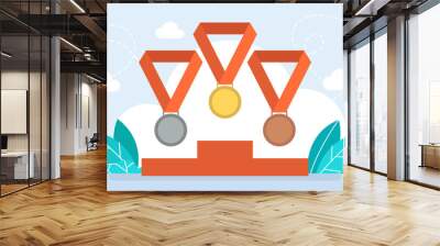 Set of gold, silver and bronze medals. Sports competition first, second and third place awards. Championship reward. Contest victory. Gold, silver and bronze medals with ribbon. Vector illustration Wall mural